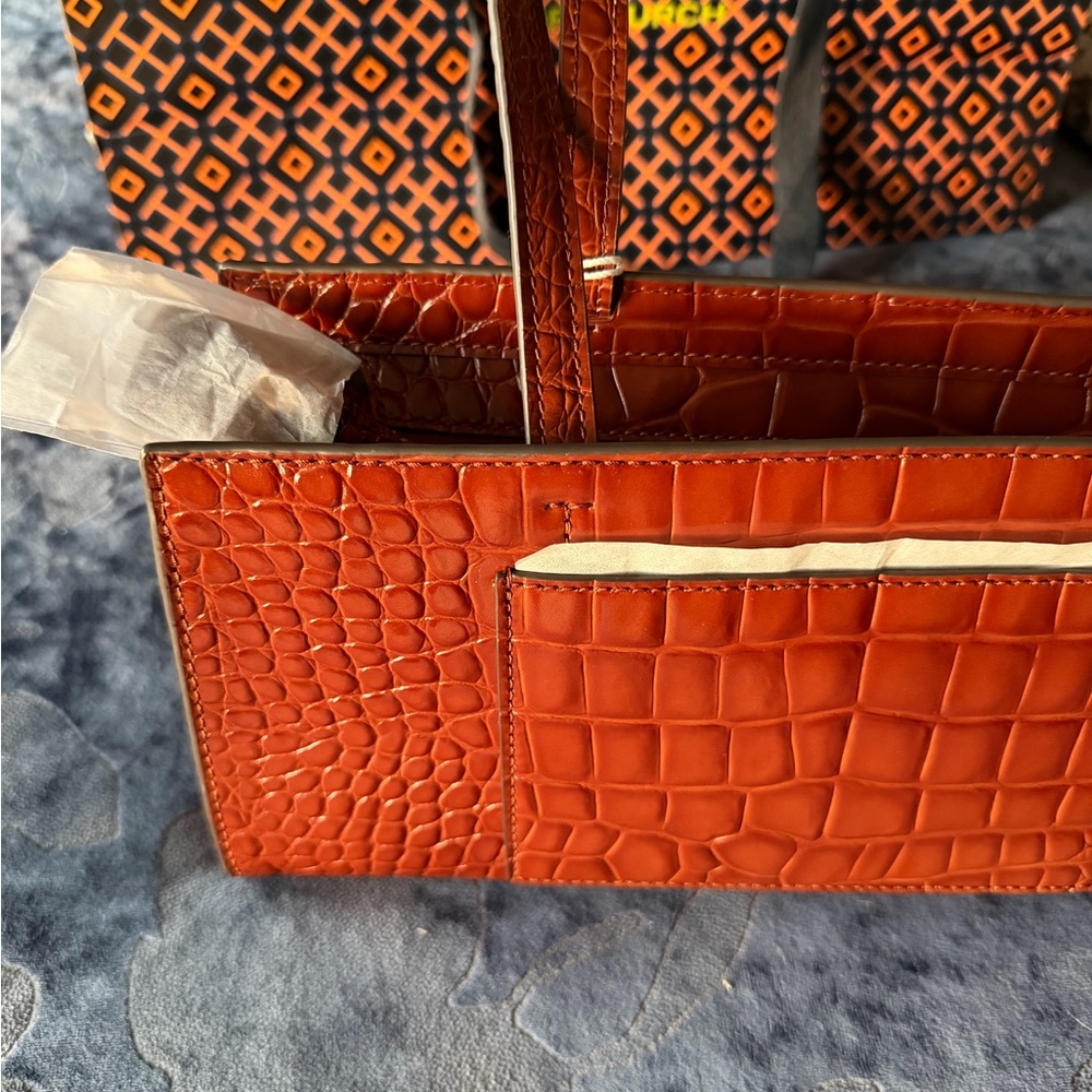 Tory Burch Cognac Croc Embossed Handbag - Picture 6 of 14
